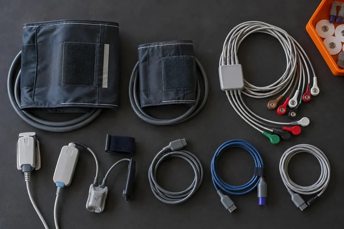 AI-generated flat-lay of monitoring cuffs, sensor clips and cables arranged on a service mat